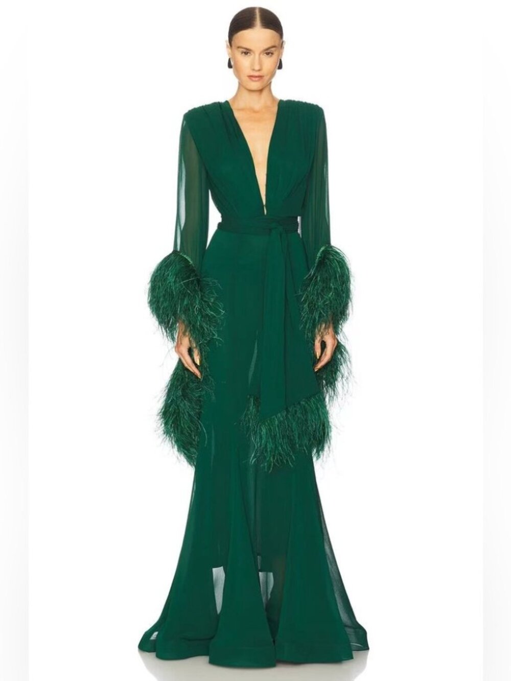 Bronx & Banco Geisha V-Neck Gown Green Feather Cuffs – Worn Once Like New! M - Picture 3 of 6
